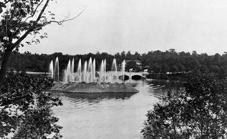 Fountain spraying so that official photographer C.D. Arnold could capture it in motion
